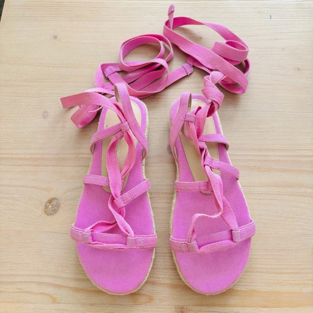 Stuart Weitzman 32MM Espadrille‎ Platform Sandals Pink Tan Chic Tie Up